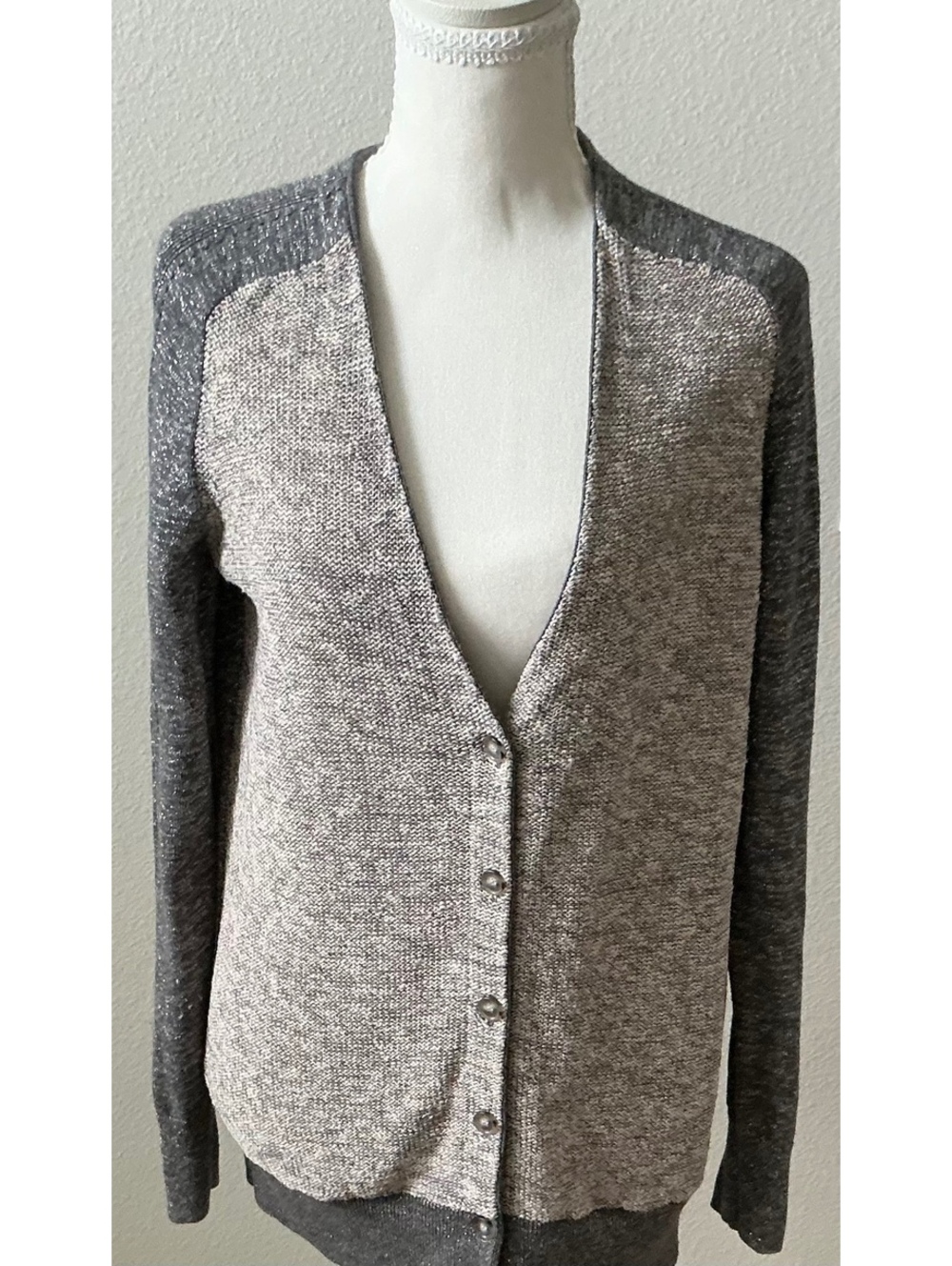 Two-Tone Gray Button-Up Cardigan Sweater with Linen and Cotton Blend